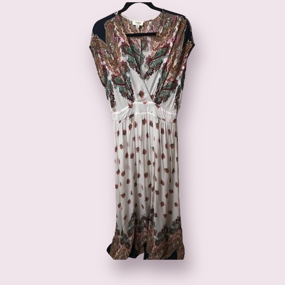 Umgee Womens Rayon Mixed Floral Print V Neck Cap Sleeves Maxi Dress Size M